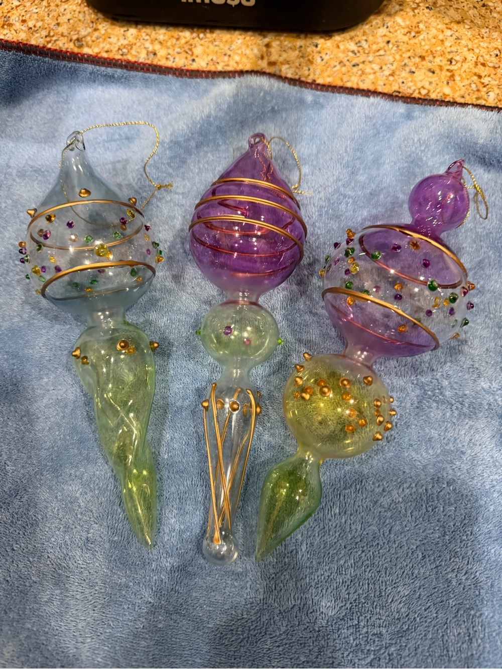 Hand Blown Ornaments - set of 3 glass tiers multicolor intricate vintage antique